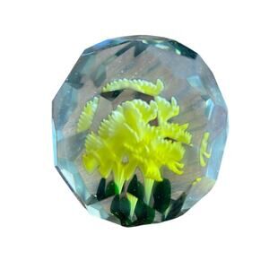 Handmade Floral Art Glass Paperweight Yellow Flower Geometric Faceted